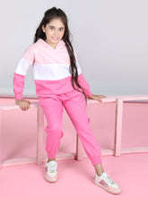Girls Pink & White Color Blocked Tracksuit